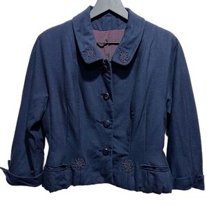 Vintage Bettijean 50s 60s Navy Blue Blazer Top w Floral Appliqué